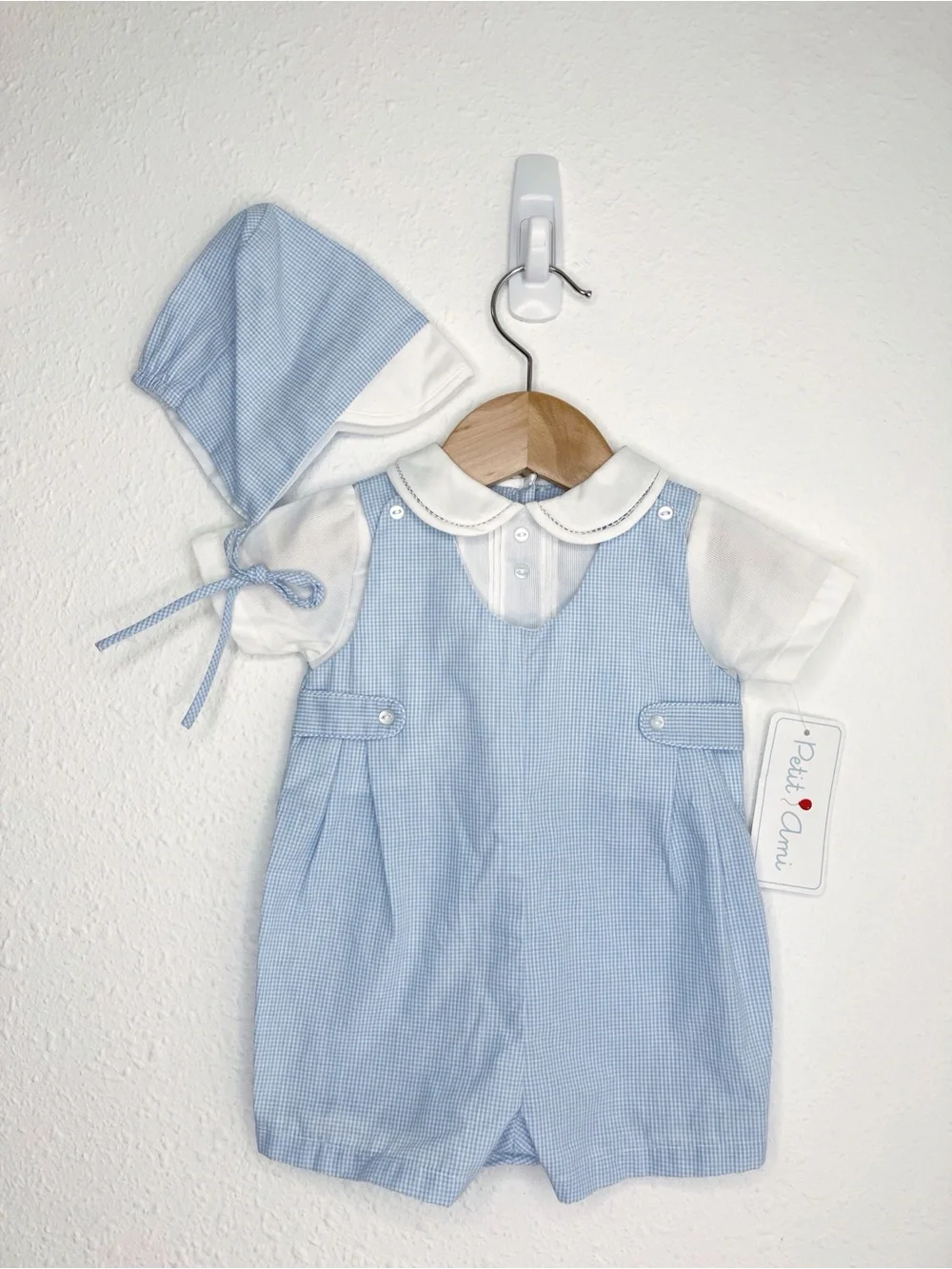 NWT Petit Ami one piece romper w/ hat blue and white gingham Jon Jon 3 months